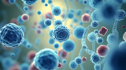 Various shapes of bacteria, probiotics under microscope, science, medicine concept background