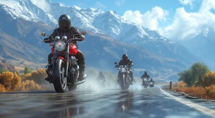 Braving the elements, a fearless crew races their motorcycles through a treacherous mountain pass, their helmets and fairings shielding them from the harsh winter landscape
