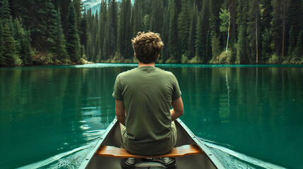 Rearview photo of a young man wearing a t shirt and sitting in a wooden kayak boat and canoeing on the river during the sunny summer day. Lake water sport adventure, recreational rowing
