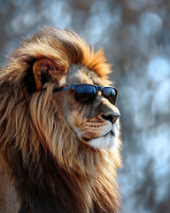 Portrait of a male lion with sunglasses in the wild nature.