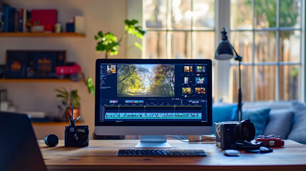 Video editing software or program opened on a pc computer monitor screen display placed along the keyboard and speakers on a wooden table or desk in a home room or office interior, daytime work