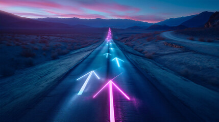 Plakat Neon glowing arrows on the asphalt road passing through the desert with mountains. Straight ahead way concept, path to success direction, business career future guidance, journey to the destination