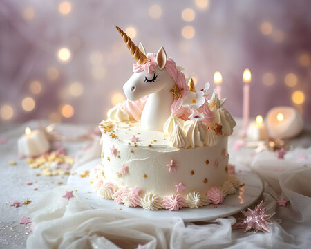 Cake with unicorn and candles on a background of bokeh