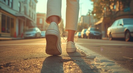 Urban wanderer steps lightly on the pavement, sneakers gliding past cars and wheels as they make...