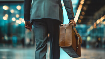 Closeup rearview of a businessman wearing an elegant suit, holding or carrying a brown leather briefcase or a bag with equipment for an office job, walking on a city street outdoors