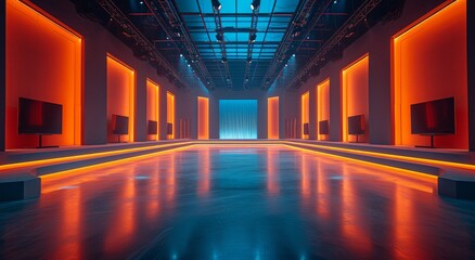 The vibrant hues of orange and blue paint a mesmerizing display upon the symmetrical walls of this indoor room, where light dances gracefully on the ceiling and floor, creating an immersive art piece