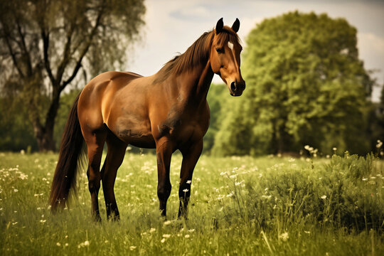 Portrait photography of a beautiful brown domestic horse animal standing on the pasture or meadow with grass