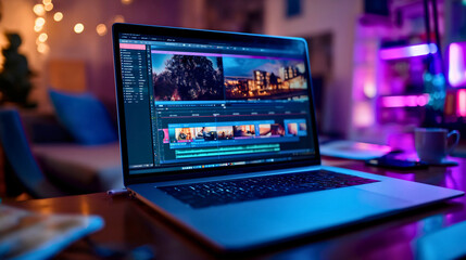 Video editing software or program opened on laptop notebook device screen display placed along the keyboard and speakers on a wooden table or desk in a home room or office interior, nighttime