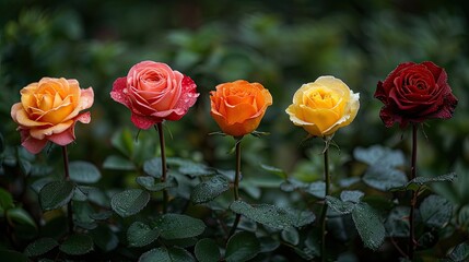 Photo wallpaper of different roses laid out in a row. Beautiful fragrant flowers roses background banner print. Multi-colored roses in a row postcard template. Floral background isolate.