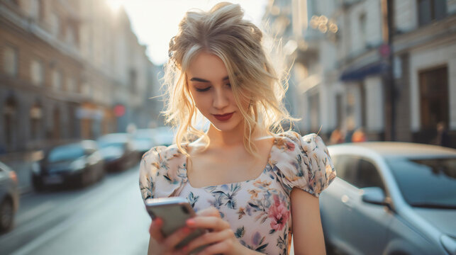 A young woman with blonde hair standing or walking on a city street, looking at her smartphone that she is holding in her hands. Beautiful youthful female person using technology, cellphone in public