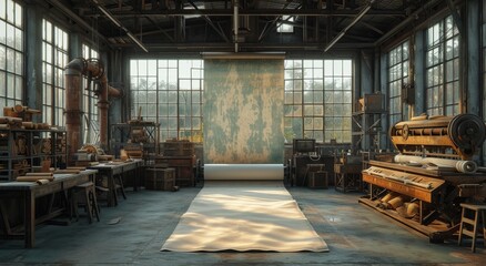 Amidst the decaying furniture and abandoned factory, a lone table stands in an indoor room, its floor covered in paper as if beckoning for exploration - obrazy, fototapety, plakaty