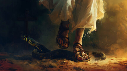 A male person wearing white robe and sandals, symbolizing Jesus Christ, stepping over the snake, crushing her head and body. Reference to Book of Genesis from the Holy Bible and God's promises 