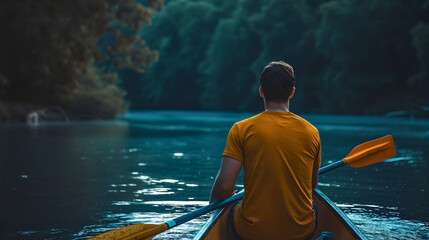 Rearview photo of a young man wearing a t shirt and sitting in a wooden kayak boat and canoeing on the river during the sunny summer day. Lake water sport adventure, recreational rowing