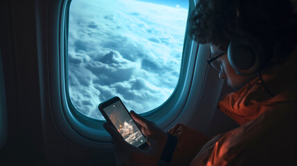 Closeup of a young man wearing glasses, sitting in an airplane seat indoors next to the window, wearing the black headphones or headset and looking at his phone that he is holding in his hands
