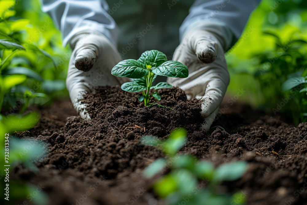 Sticker A scientist examining a soil sample enriched with organic fertilizers, showcasing advancements in sustainable agriculture. Concept of eco-friendly farming practices. Generative Ai.