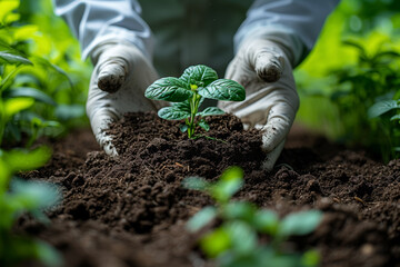 A scientist examining a soil sample enriched with organic fertilizers, showcasing advancements in sustainable agriculture. Concept of eco-friendly farming practices. Generative Ai.
