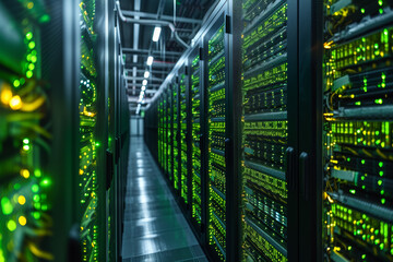 Engineers fine-tuning energy-efficient cooling systems for data centers, promoting sustainable practices in the tech industry. Concept of green data centers. Generative Ai.