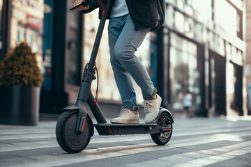 Urban commuter riding electric scooter in modern cityscape