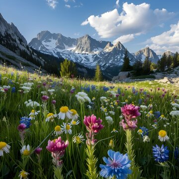Beautiful alpine meadow with wildflowers and mountains in background. 