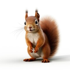 A cute red squirrel with fluffy brown fur is isolated on a white background, munching on a nut in a forest setting, showcasing its small size and adorable nature