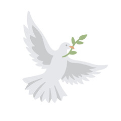 VECTORS. Simple dove flying with open wings, front side, holding an olive branch (branch is removable), flat shading, no outline, no borders
