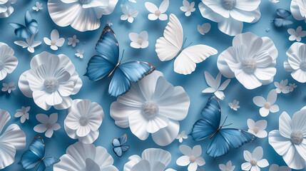 background featuring a pattern of 3D blue butterflies gracefully interwoven with delicate white floral flowers