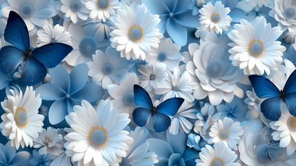 background adorned with a delightful pattern of 3D blue butterflies and elegant white floral blossoms
