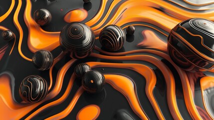 Orange and black marbled spheres rest on a wavy, striped surface, blending art and abstraction