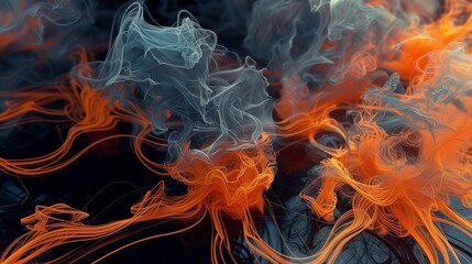 Vivid orange and yellow swirls dance on a dark backdrop in an abstract display