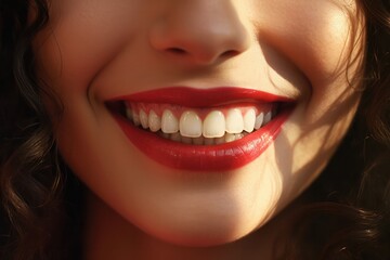 beautiful female smile of a woman with white teeth closeup. Dentist poster for orthodontist and odontology clinic banner.