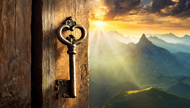 Old key in keyhole, macro shot. Retro style. Concept and Idea for History, business, security background. Write Your Text Here.