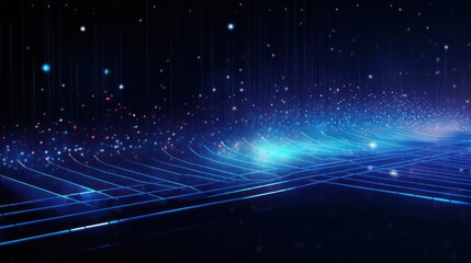 data visualization hi-tech futuristic illustration  horizontal banner   in blue neon color palette with dots connected on black background	