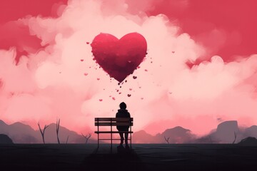 silhouette of a person alone  sitting on a bench. Grieving breakup, divorce or loss of significant other. Being single on valentines day.