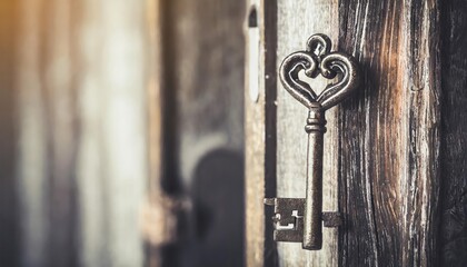 Old key in keyhole, macro shot. Retro style. Concept and Idea for History, business, security background. Write Your Text Here.