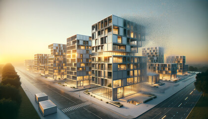 Futuristic prefabricated buildings in golden hour disintegrating into digital dust.