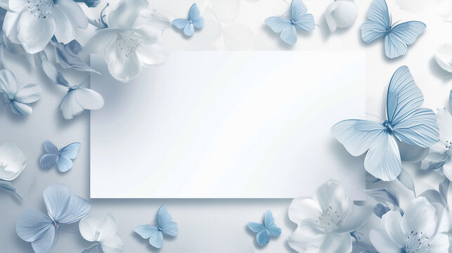 a blank postcard template embraced by a mesmerizing display of 3D blue butterflies and delicate white flowers