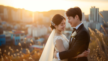 In this intimate close-up, a romantic couple is depicted on the verge of a kiss, silhouetted against the backdrop of a stunning, radiant sunset.