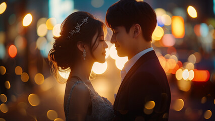 With a focus on the tender moment about to unfold, the close-up image portrays a romantic couple against the mesmerizing backdrop of a glowing sunset, evoking a sense of warmth and passion.
