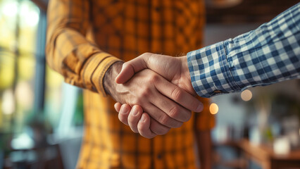 Close-up view of a firm handshake between two individuals in casual attire, symbolizing a personal or business agreement in a relaxed setting.