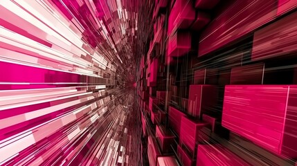 Explosive 3D rectangles in pink and red shades create a vibrant abstract tunnel effect