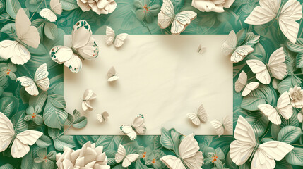 a postcard template framed by a vibrant array of 3D green butterflies and delicate white flowers