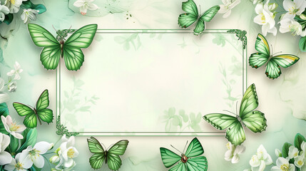 a blank postcard template amidst a dreamy landscape of 3D green butterflies and white floral patterns
