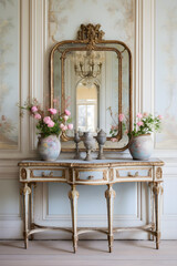 Vintage Elegance: A Still-life Vignette of European Antiques Featuring Rococo Mirror, French Console, Porcelain Vase, and Victorian Candlestick