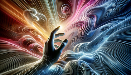 Psychic Gesture Control: Abstract Hand Mid-Gesture in Vibrant Surreal Environment.
