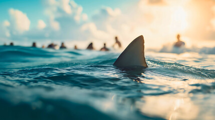Closeup dangerous shark animal predator fin coming out of the sea or ocean water surface, people on vacation or holiday having fun in water blurred in the background, ready for the attack, aggressive