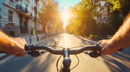 Foto op Aluminium First person view of a man riding his bicycle or bike on the city street at daytime in the sunny summer day. Bicycle commuter traveling, hands on the handlebar, asphalt biking movement speed outdoors  © Nemanja