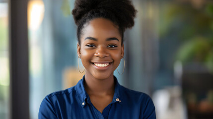 Beautiful and attractive young African American businesswoman with brunette hair wearing a blue shirt, standing in a modern office interior, smiling and looking at the camera, proud female employee