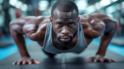 Front view closeup photography of a handsome, muscular young African American man doing a push up exercise on the floor, working out or training in a modern gym interior room, wearing shirt and shorts