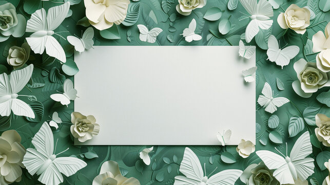 blank postcard template set against a mesmerizing backdrop of 3D green butterflies and delicate white florals