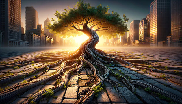 Resilient tree thriving in an urban crack, bathed in golden sunrise light.